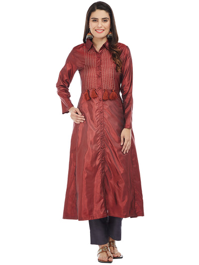 MAROON SILK KURTA WITH TASSEL AND STITCH LINE WORK