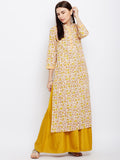 Cream and Yellow Hand Block Printed Straight Kurta with Pleats