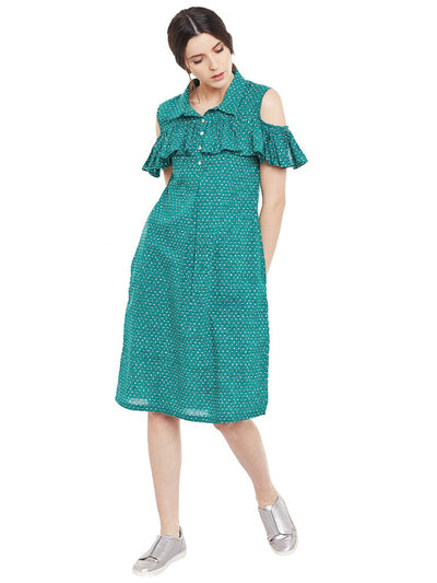 Block printed shirt dress with frill