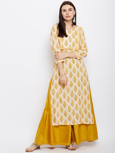 Cream and Yellow Hand Block Printed Straight Kurta with Yoke