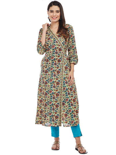 Offwhite Red Hand Block Kalamkari Printed Overlap Kurta