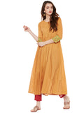 Yellow solid anarkali kurta with front potli buttons