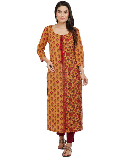 MUSTARD COTTON KANTHA STRIAGHT KURTA