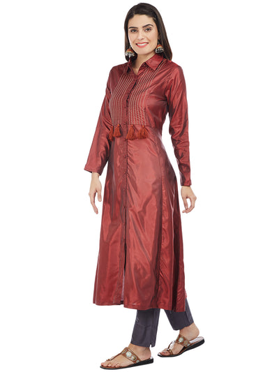 MAROON SILK KURTA WITH TASSEL AND STITCH LINE WORK