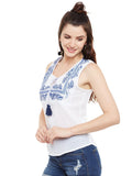 Offwhite-embroidered-sleeveless-top-with-front-tassel