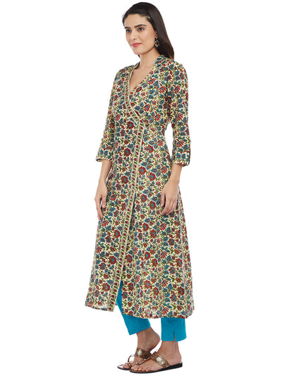Offwhite Red Hand Block Kalamkari Printed Overlap Kurta