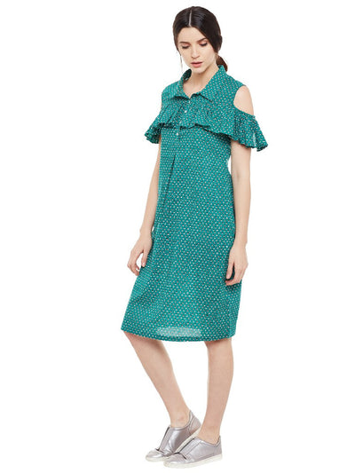 Block printed shirt dress with frill