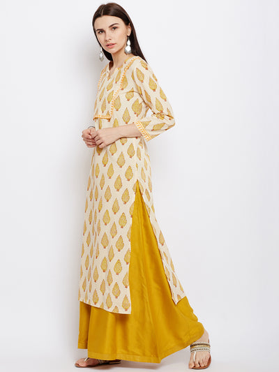 Cream and Yellow Hand Block Printed Straight Kurta with Yoke