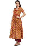 MUSTARD COTTON KANTHA ANARKALI KURTA WITH FRONT TIE & TASSEL