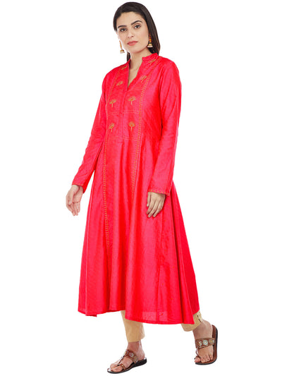 Fuchsia Silk Kurta with Machine Embroidery