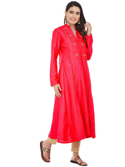 Fuchsia Silk Kurta with Machine Embroidery