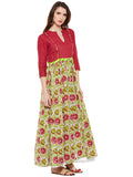 Cotton flared Green- Pink kurta with front tie