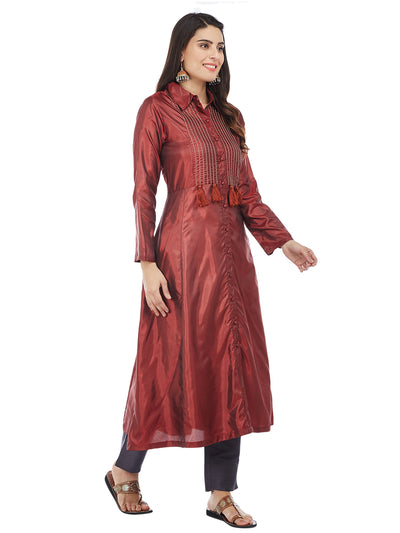 MAROON SILK KURTA WITH TASSEL AND STITCH LINE WORK