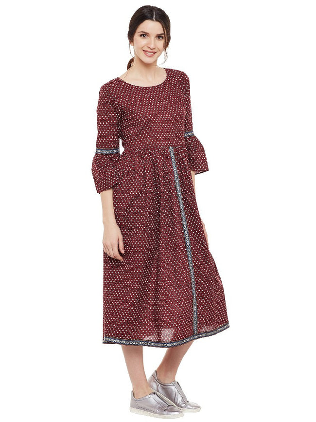 Marsala Block printed short dress with lace inserts