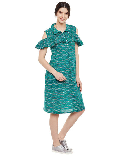 Block printed shirt dress with frill