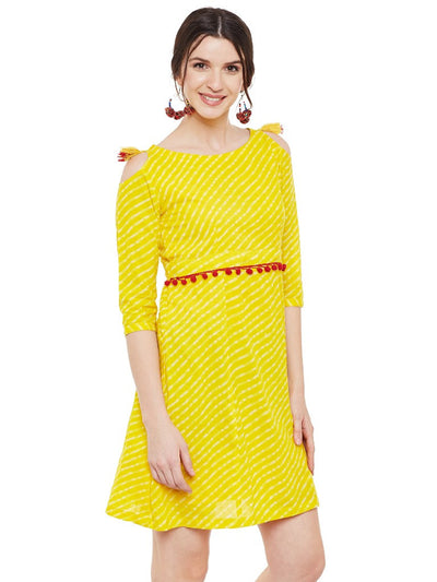 Yellow leheriya printed short dress