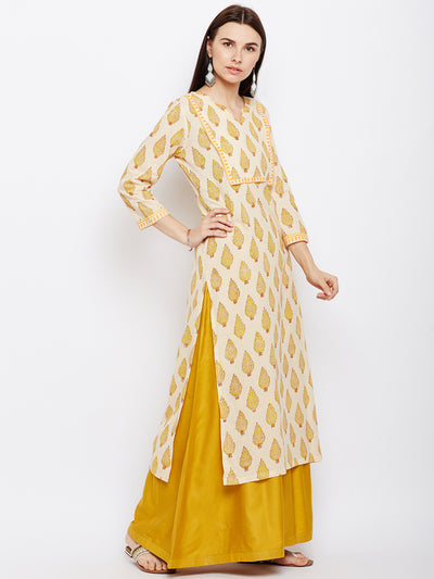 Cream and Yellow Hand Block Printed Straight Kurta with Yoke