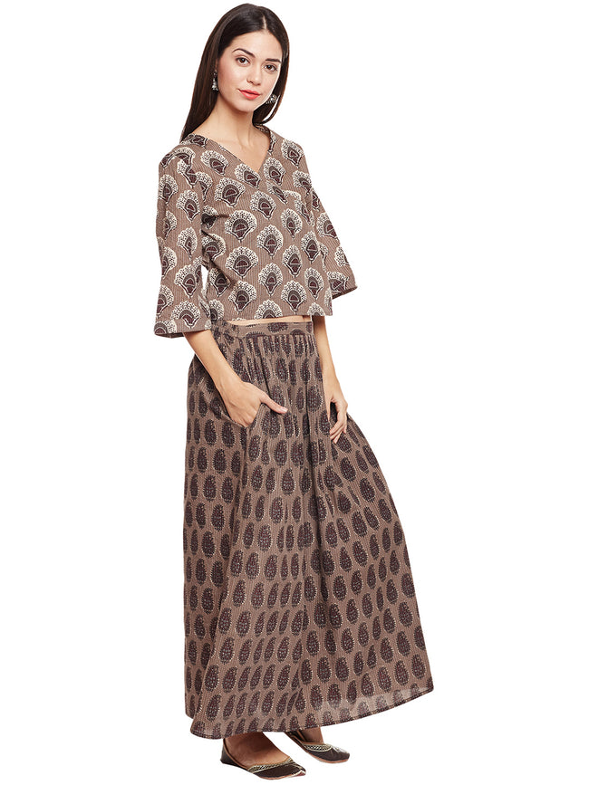 Grey block printed kantha skirt top set