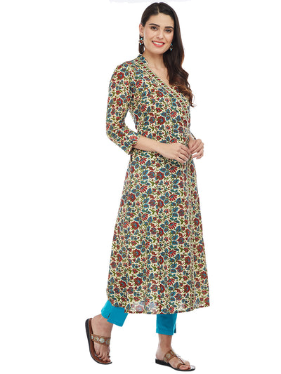 Offwhite Red Hand Block Kalamkari Printed Overlap Kurta