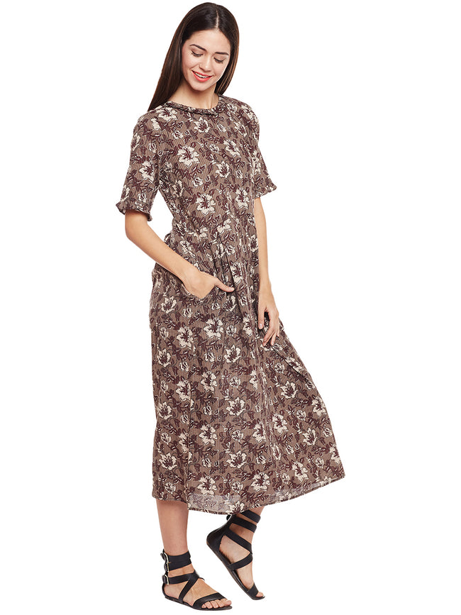 grey block printed kantha frilled dress