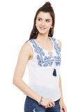 Offwhite-embroidered-sleeveless-top-with-front-tassel