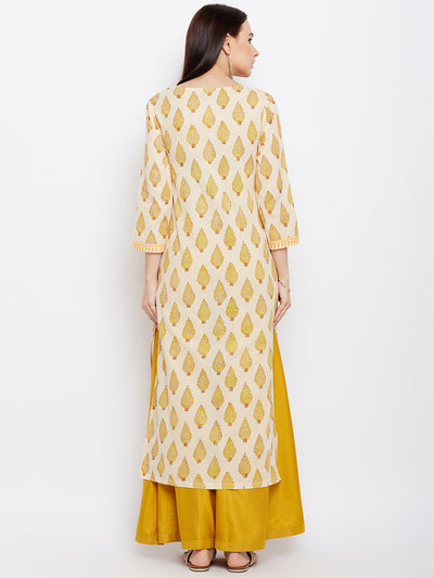Cream and Yellow Hand Block Printed Straight Kurta with Yoke