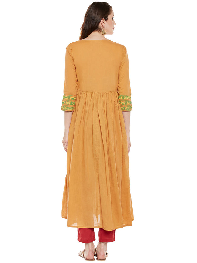 Yellow solid anarkali kurta with front potli buttons