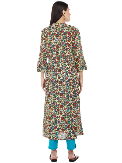 Offwhite Red Hand Block Kalamkari Printed Overlap Kurta