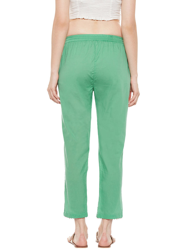 Green cotton straight pant with bead work