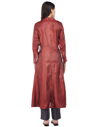 MAROON SILK KURTA WITH TASSEL AND STITCH LINE WORK