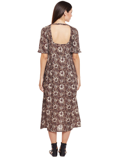 grey block printed kantha frilled dress