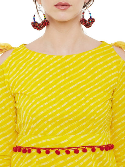 Yellow leheriya printed short dress