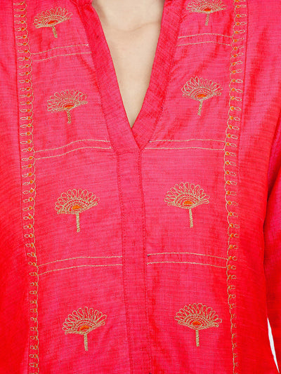 Fuchsia Silk Kurta with Machine Embroidery