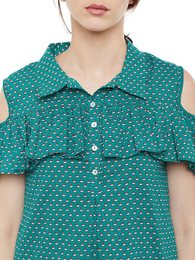 Block printed shirt dress with frill