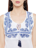 Offwhite-embroidered-sleeveless-top-with-front-tassel