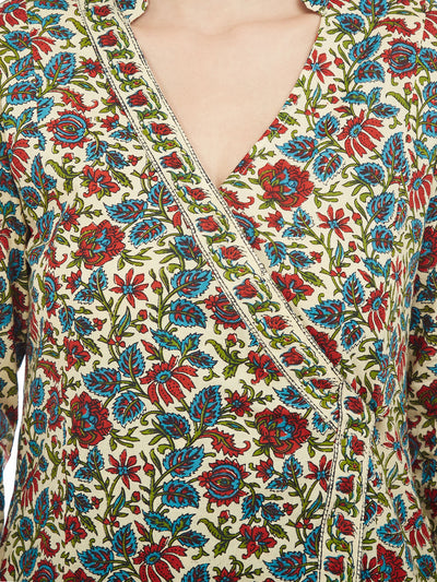 Offwhite Red Hand Block Kalamkari Printed Overlap Kurta
