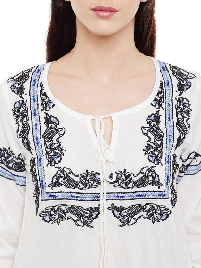 Offwhite-embroidered-full-sleeve-top-with-front-tassel