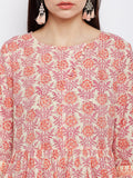 Pink Hand Block Printed Dress with Front Diagonal Buttoning