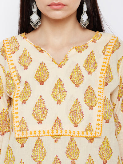 Cream and Yellow Hand Block Printed Straight Kurta with Yoke