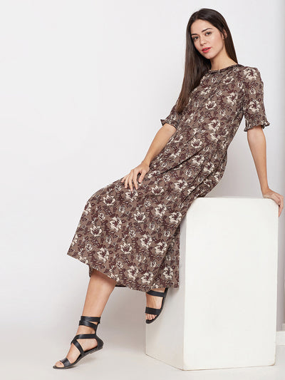 grey block printed kantha frilled dress