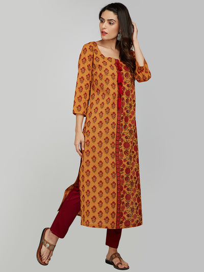 MUSTARD COTTON KANTHA STRIAGHT KURTA