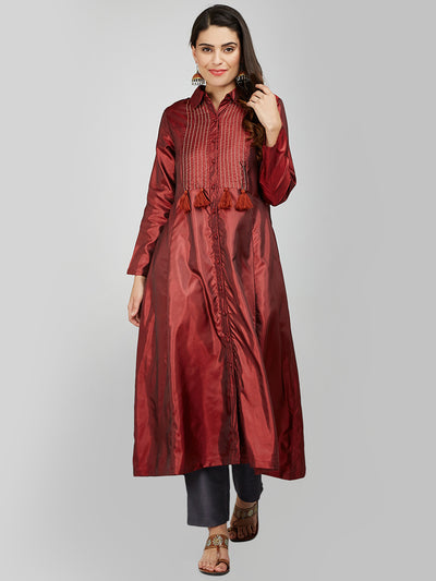 MAROON SILK KURTA WITH TASSEL AND STITCH LINE WORK