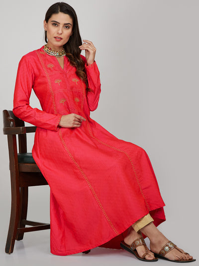 Fuchsia Silk Kurta with Machine Embroidery