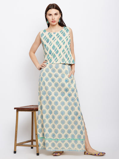 Cream and Green Hand Block Printed Skirt Top Set