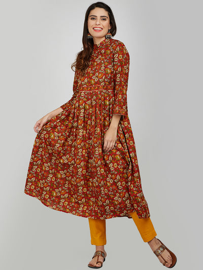 Red Hand Block Printed Anarkali Kurta